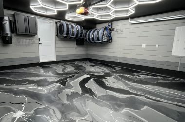 Metallic epoxy floor inside Toronto Garage